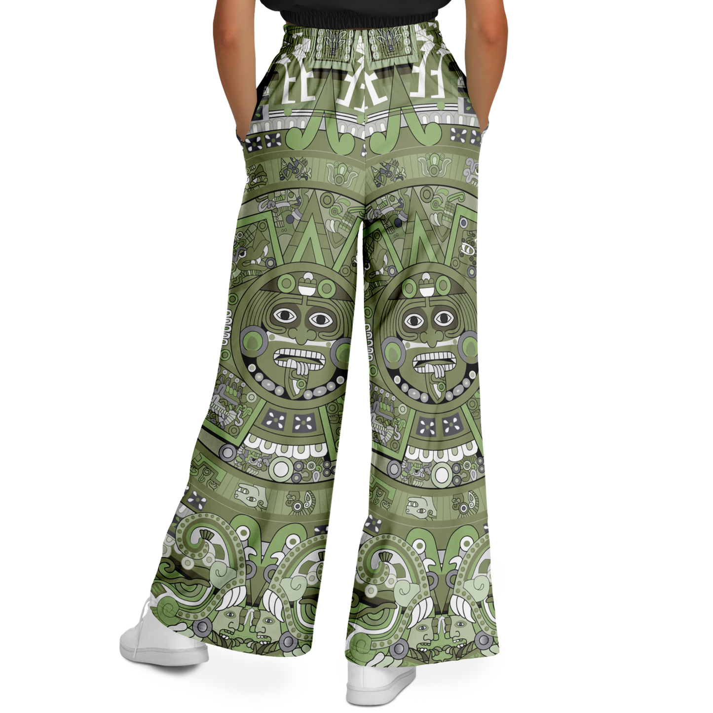 Green & Black Aztec Calendar - Flare Fleece Pant