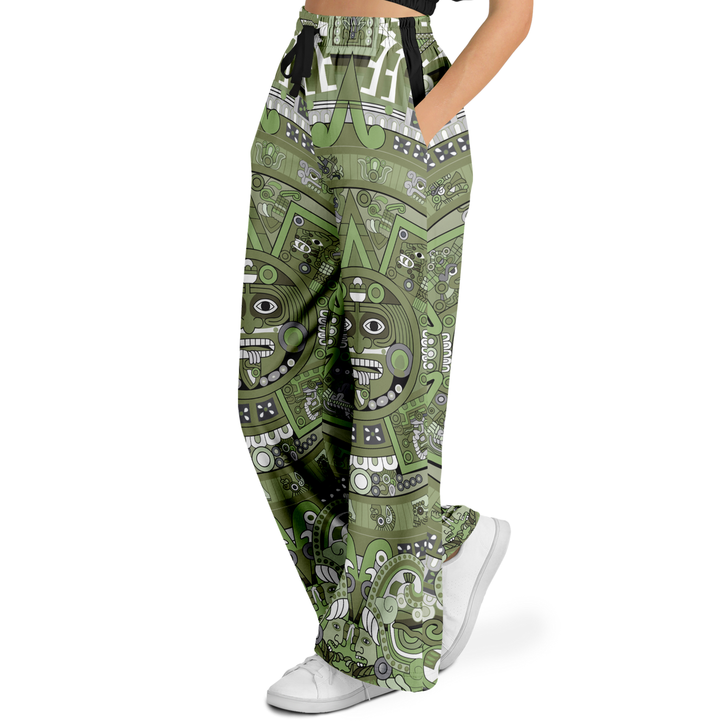 Green & Black Aztec Calendar - Flare Fleece Pant