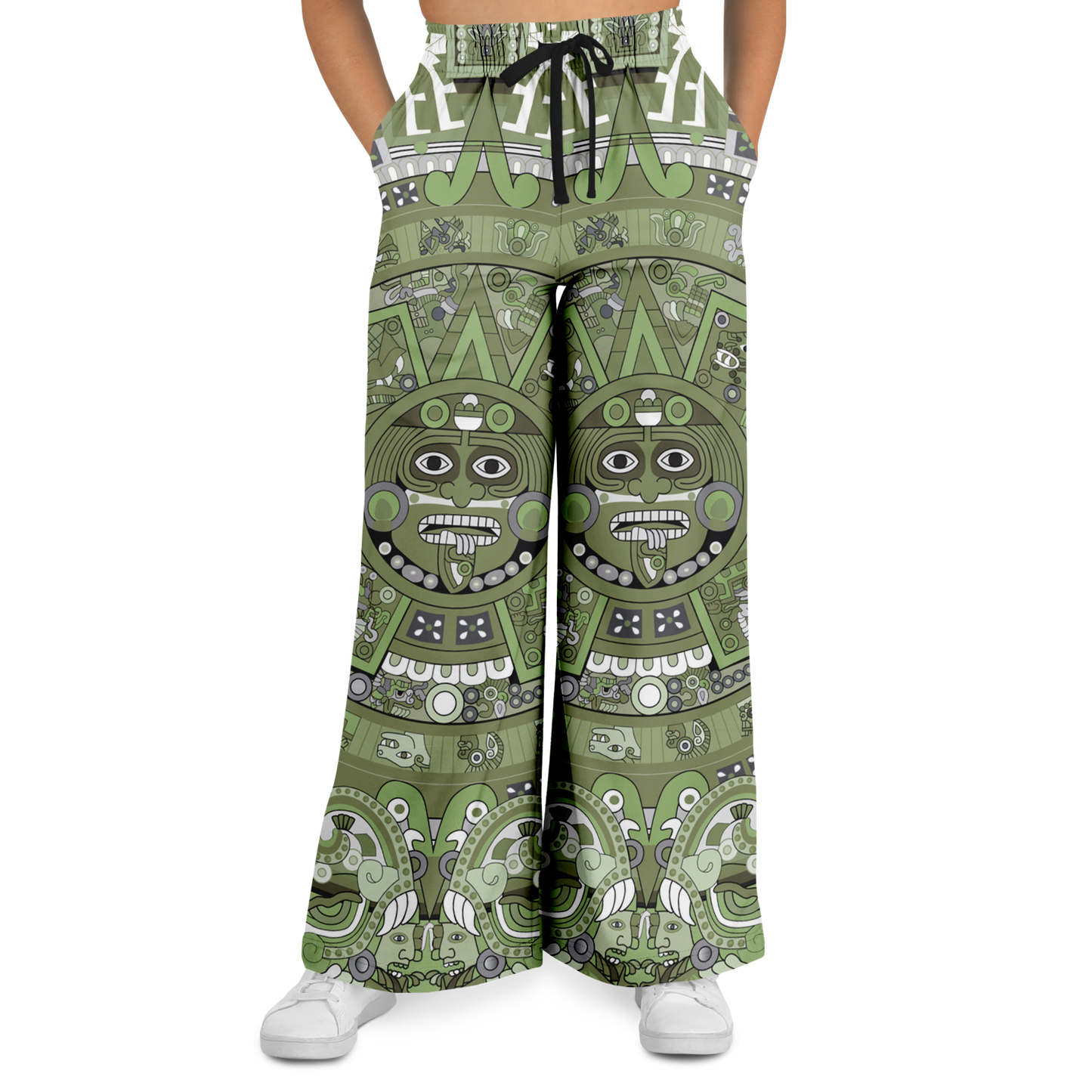 Green & Black Aztec Calendar - Flare Fleece Pant