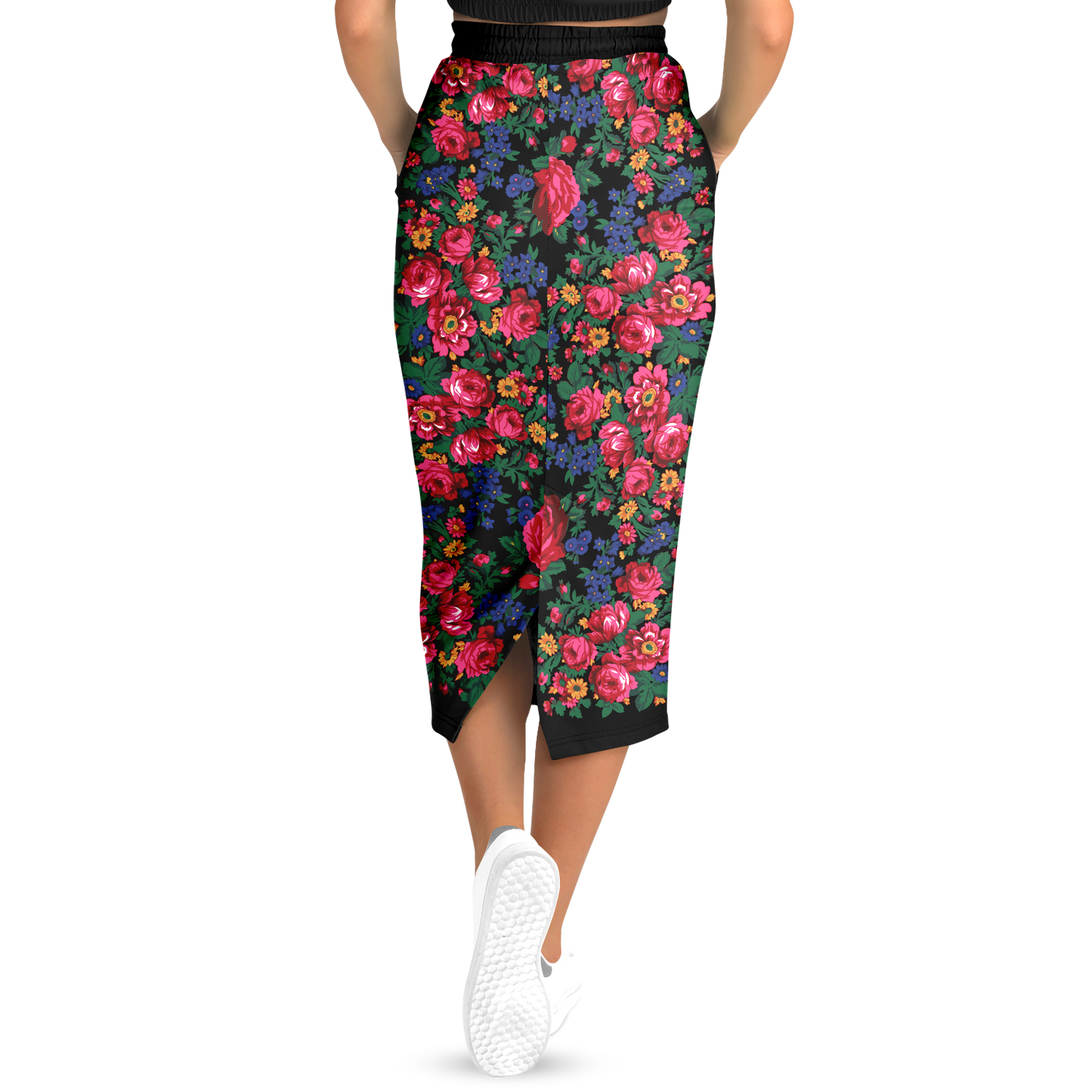 Kokum Floral (Black) - Athletic Midi Skirt