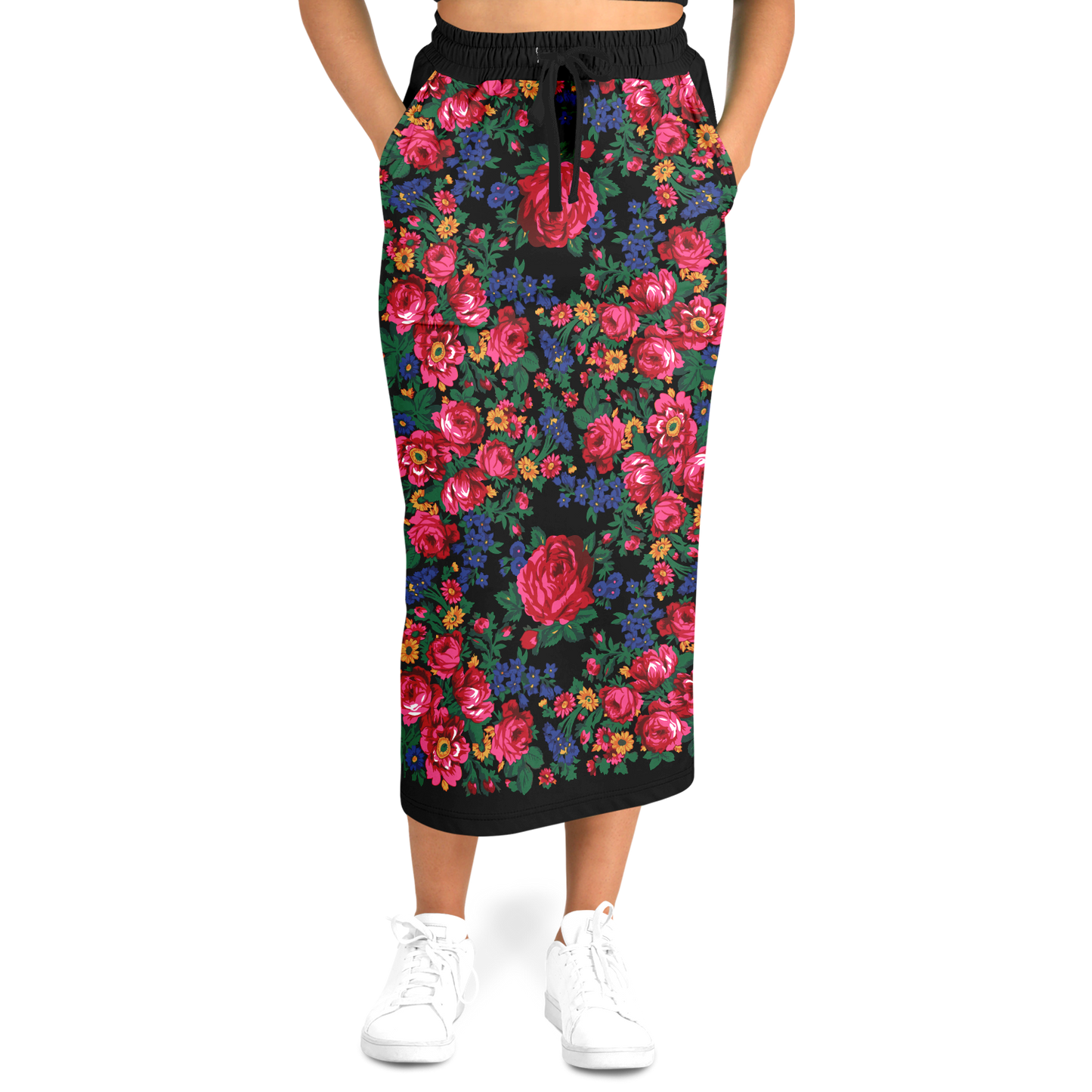 Kokum Floral (Black) - Athletic Midi Skirt