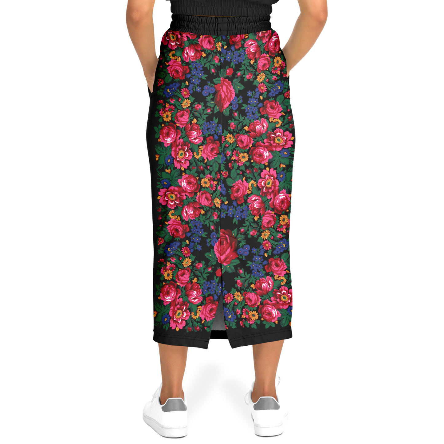 Kokum Floral (Black) - Athletic Midi Skirt