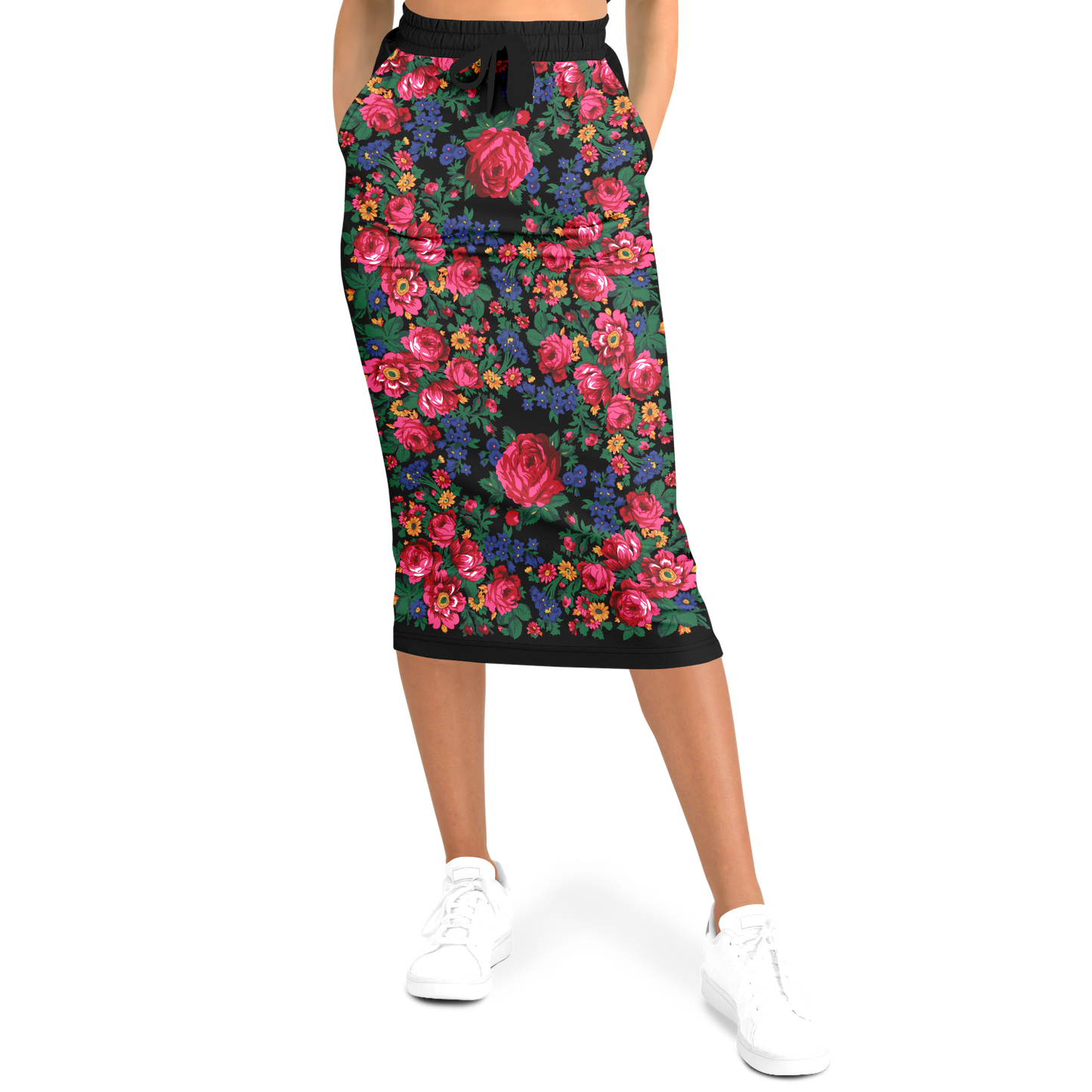 Kokum Floral (Black) - Athletic Midi Skirt