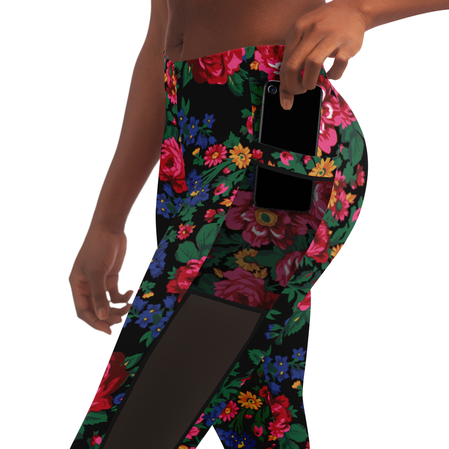 Kokum Floral (Black) - Side Mesh with Pocket Legging