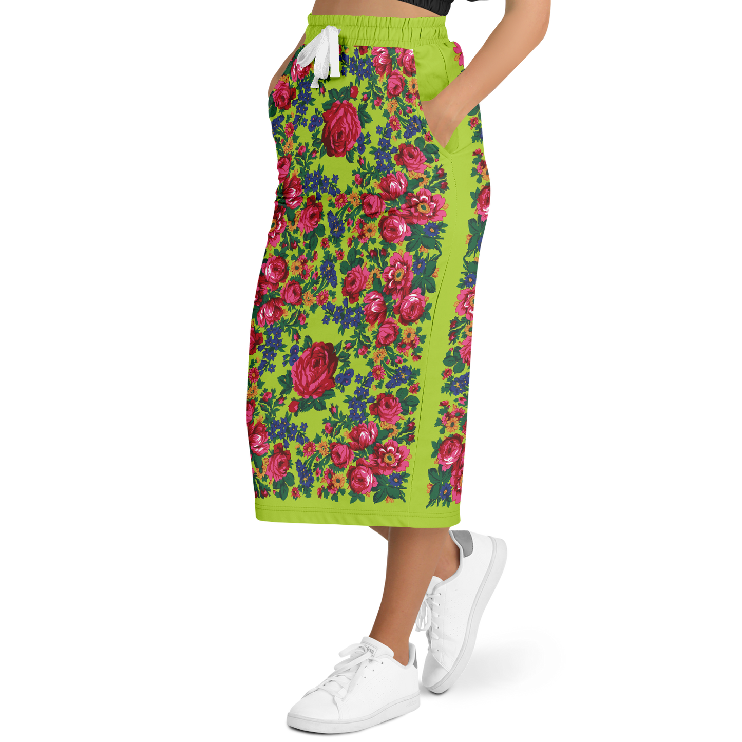 Kokum Floral (Lime Green) - Athletic Midi Skirt