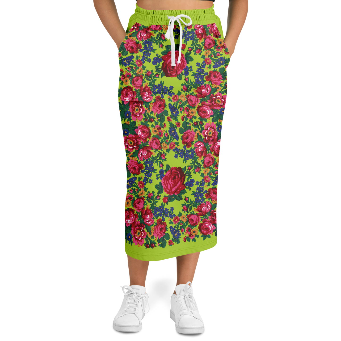 Kokum Floral (Lime Green) - Athletic Midi Skirt