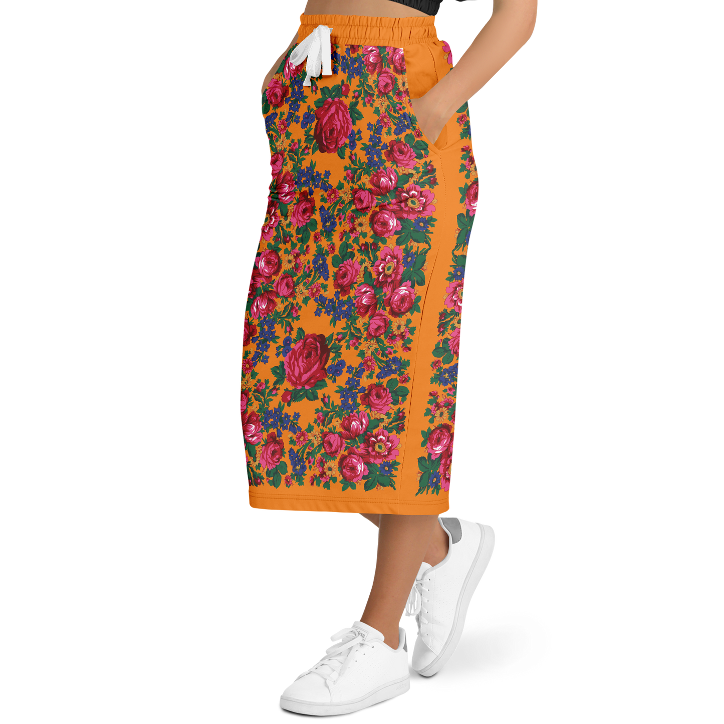 Kokum Floral (Orange) - Athletic Midi Skirt