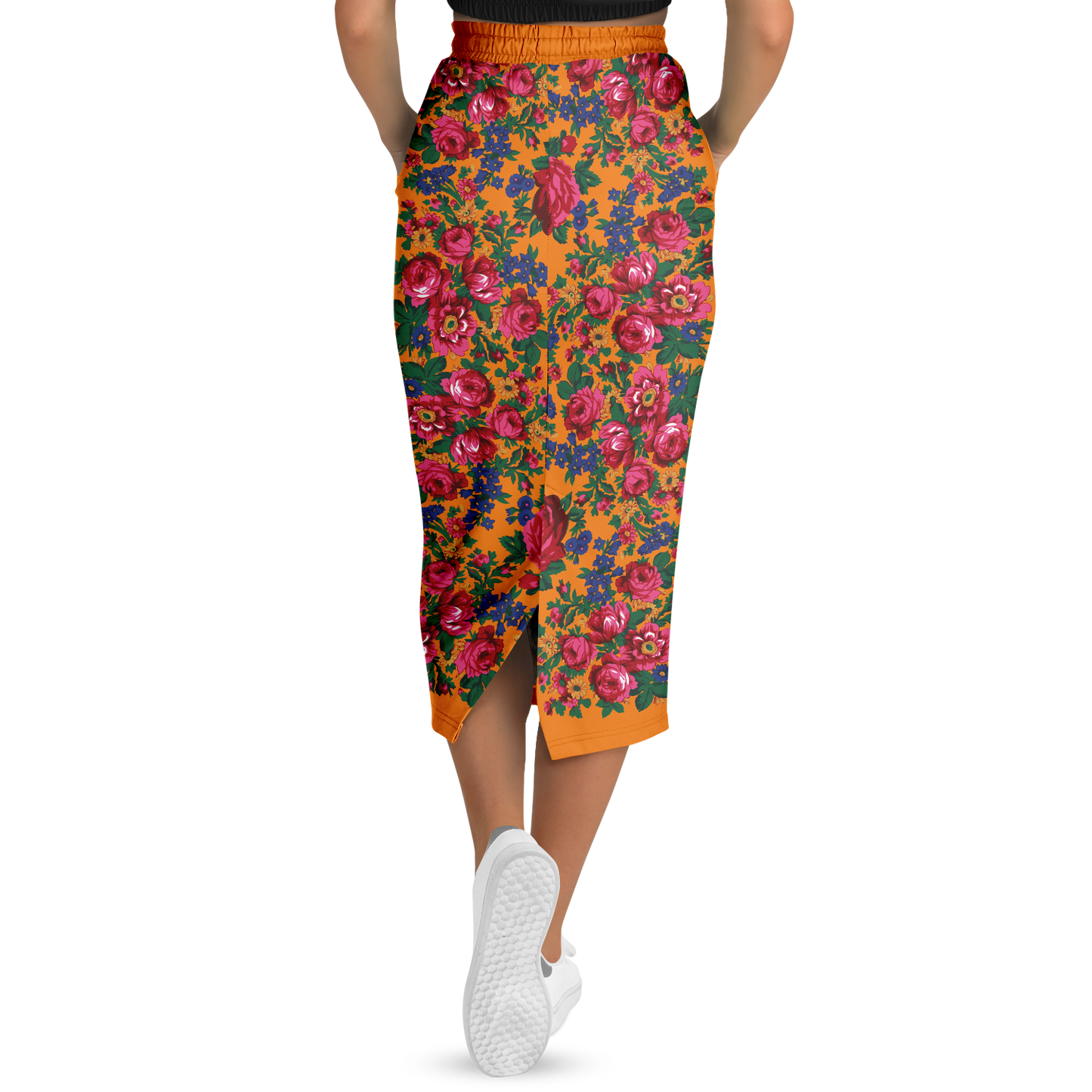 Kokum Floral (Orange) - Athletic Midi Skirt