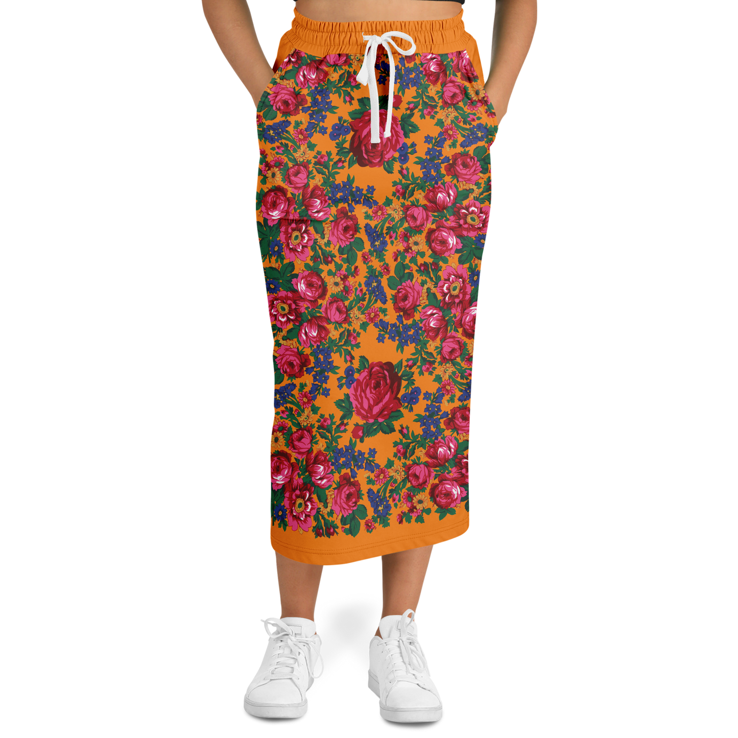 Kokum Floral (Orange) - Athletic Midi Skirt