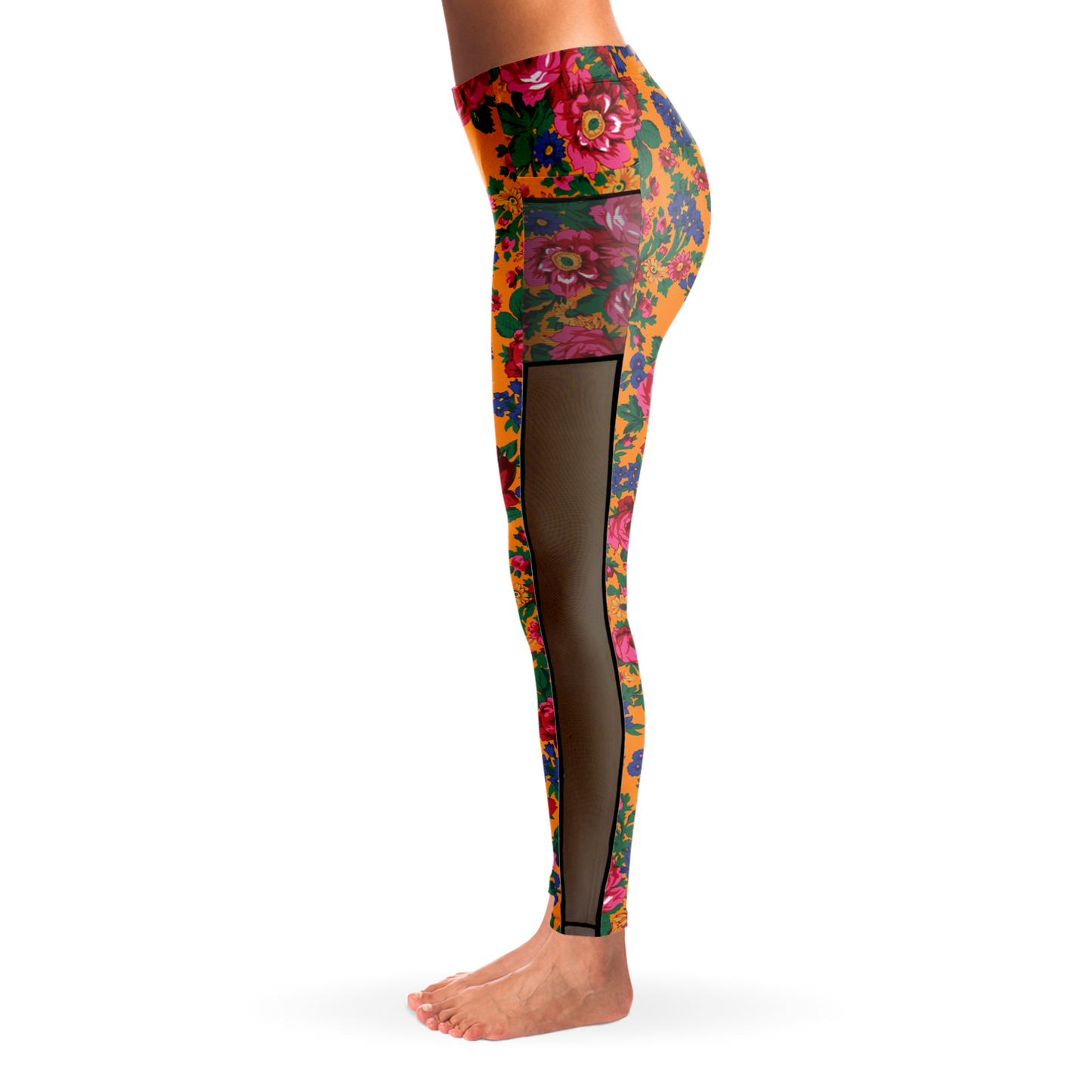 Kokum Floral (Orange) - Side Mesh with Pocket Legging
