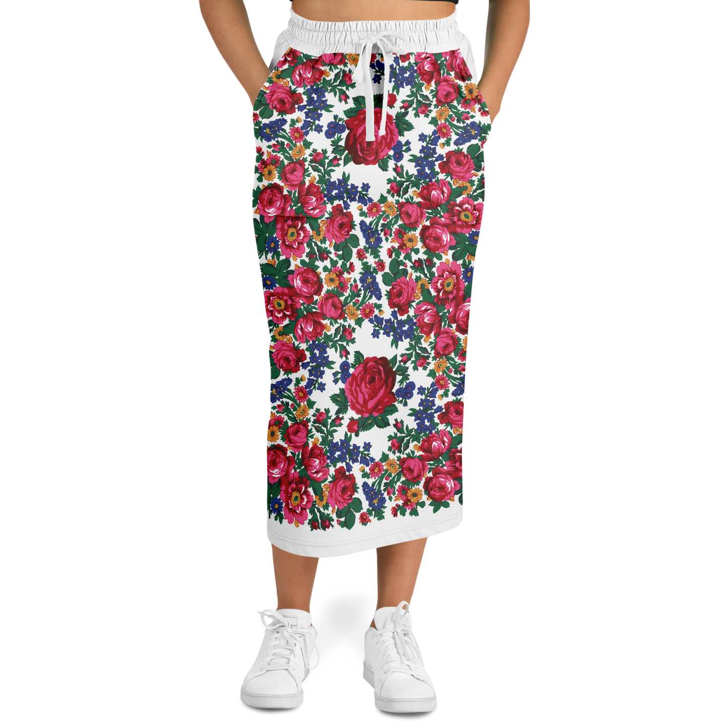 Kokum Floral (White) - Athletic Midi Skirt
