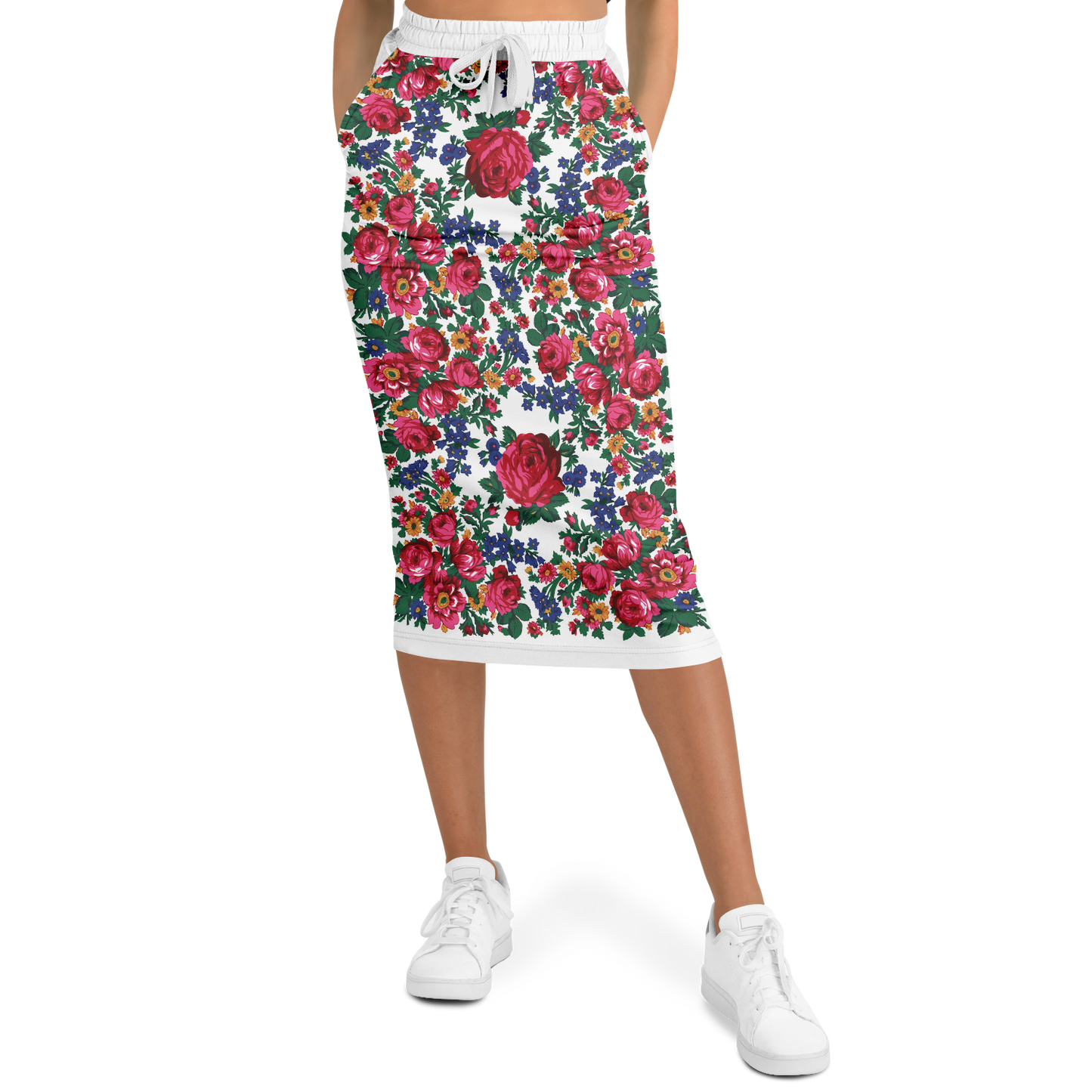 Kokum Floral (White) - Athletic Midi Skirt