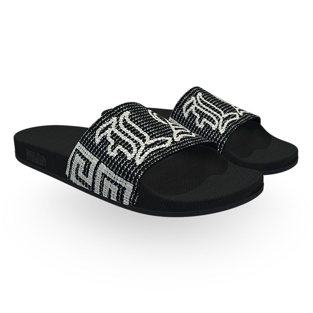 "LA" with Aztec Greca in Black & White (Digital Beadwork) - Unisex Slide Sandal