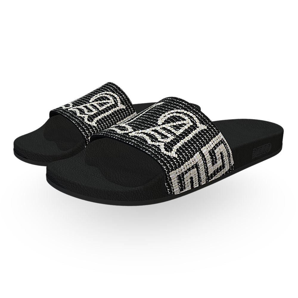 "LA" with Aztec Greca in Black & White (Digital Beadwork) - Unisex Slide Sandal