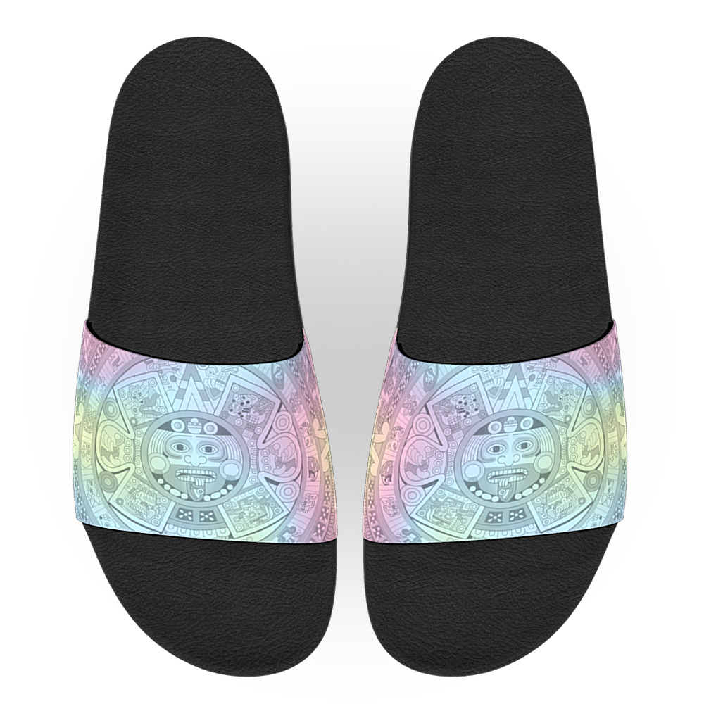 Pastel Aztec Calendar (Black Base) - Unisex Slide Sandal