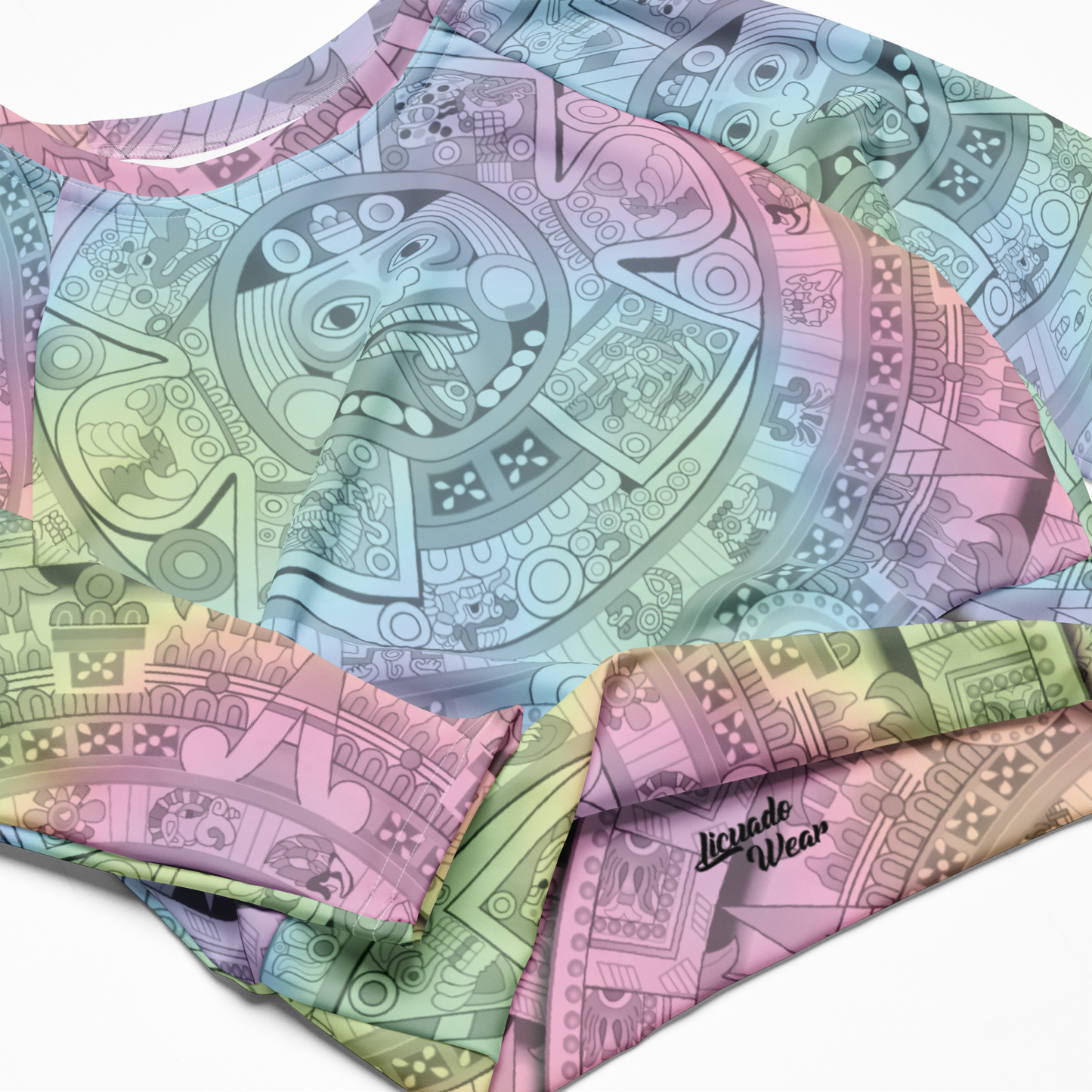 Pastel Aztec Calendar - Eco-friendly Long-sleeve Crop Top