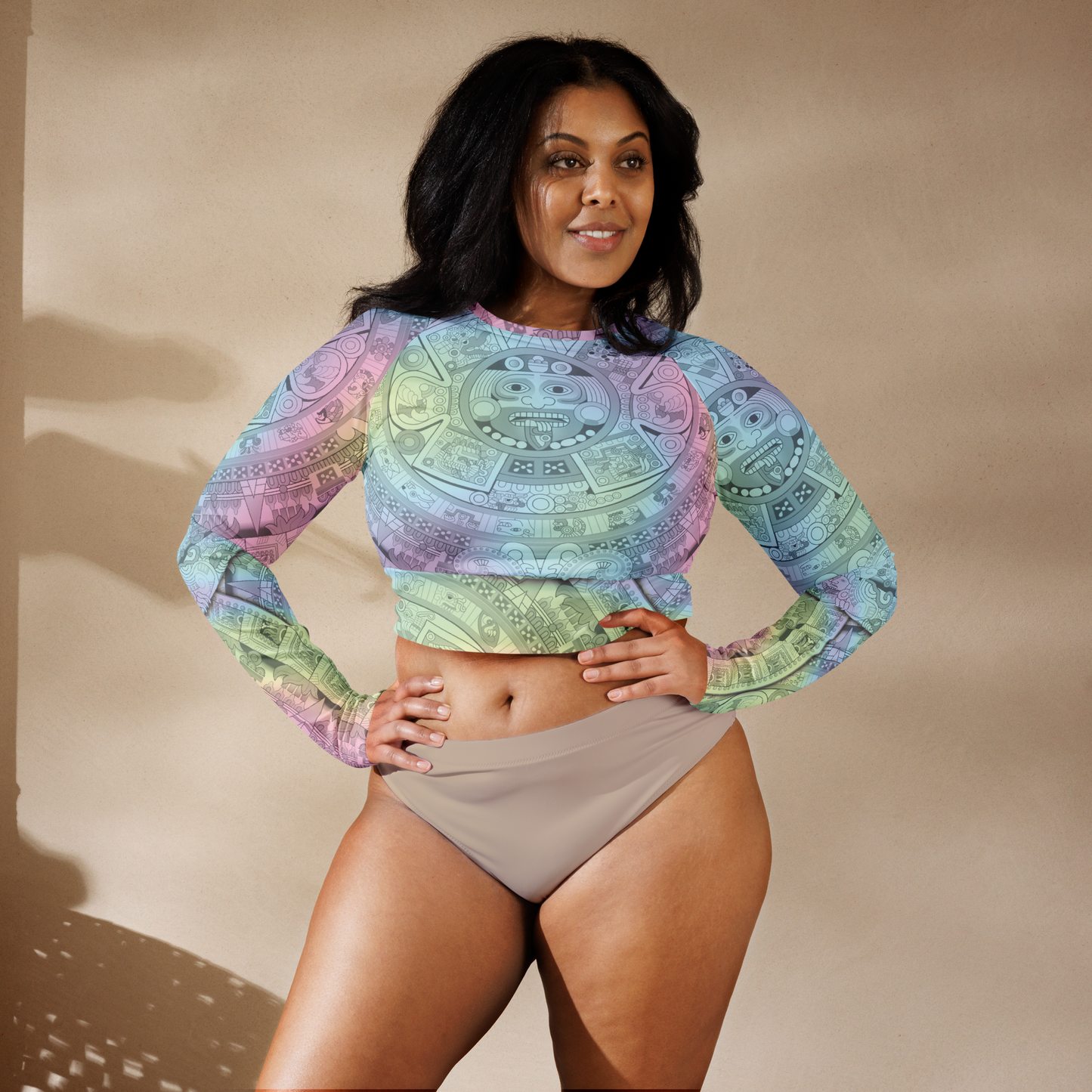 Pastel Aztec Calendar - Eco-friendly Long-sleeve Crop Top