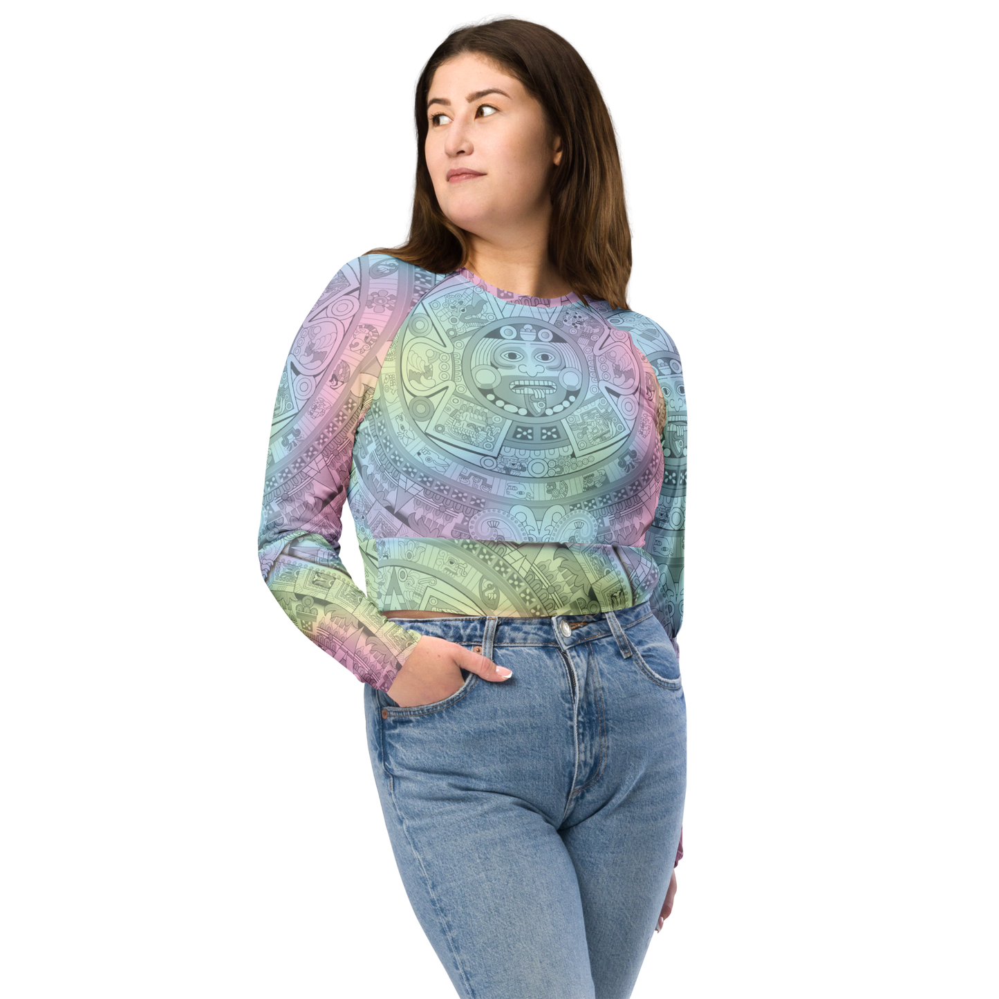 Pastel Aztec Calendar - Eco-friendly Long-sleeve Crop Top