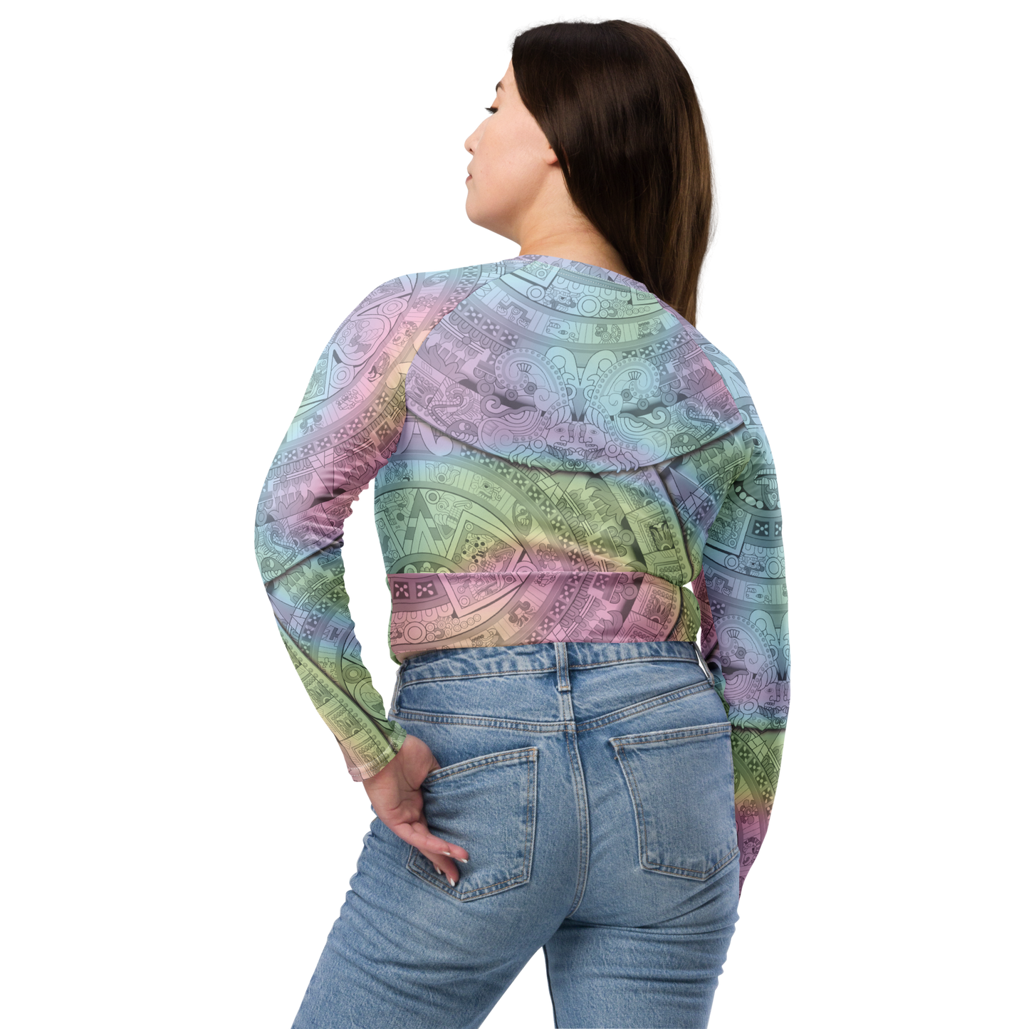 Pastel Aztec Calendar - Eco-friendly Long-sleeve Crop Top