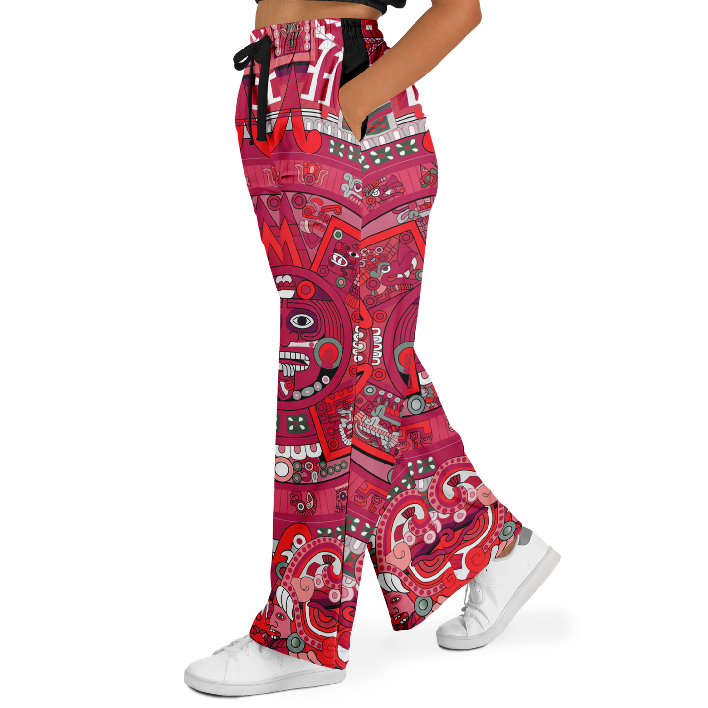 Red & Black Aztec Calendar - Flare Fleece Pant