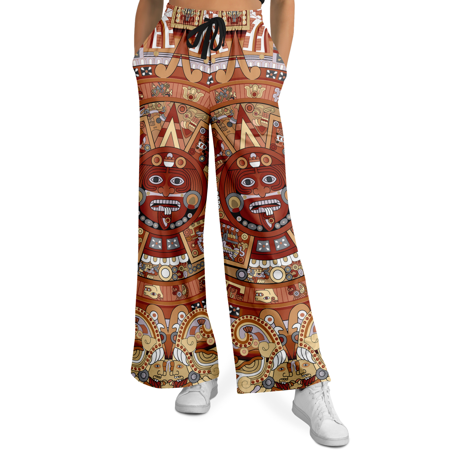 Rust & Tan Aztec Calendar - Flare Fleece Pant