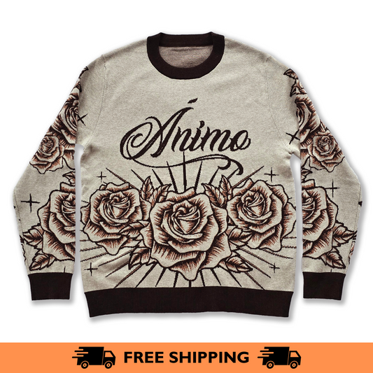 Ánimo con Roses (Brown Tan Pen & Ink Style) - Unisex Knit Sweater