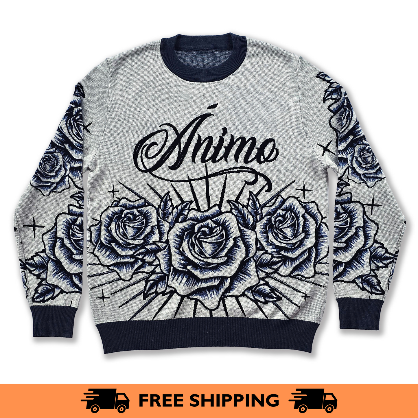 Ánimo con Roses (Blue Black Pen & Ink Style) - Unisex Knit Sweater