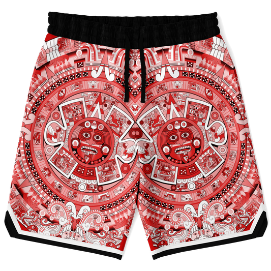Aztec Calendar (Red & White) 2025 - Unisex Basketball Shorts