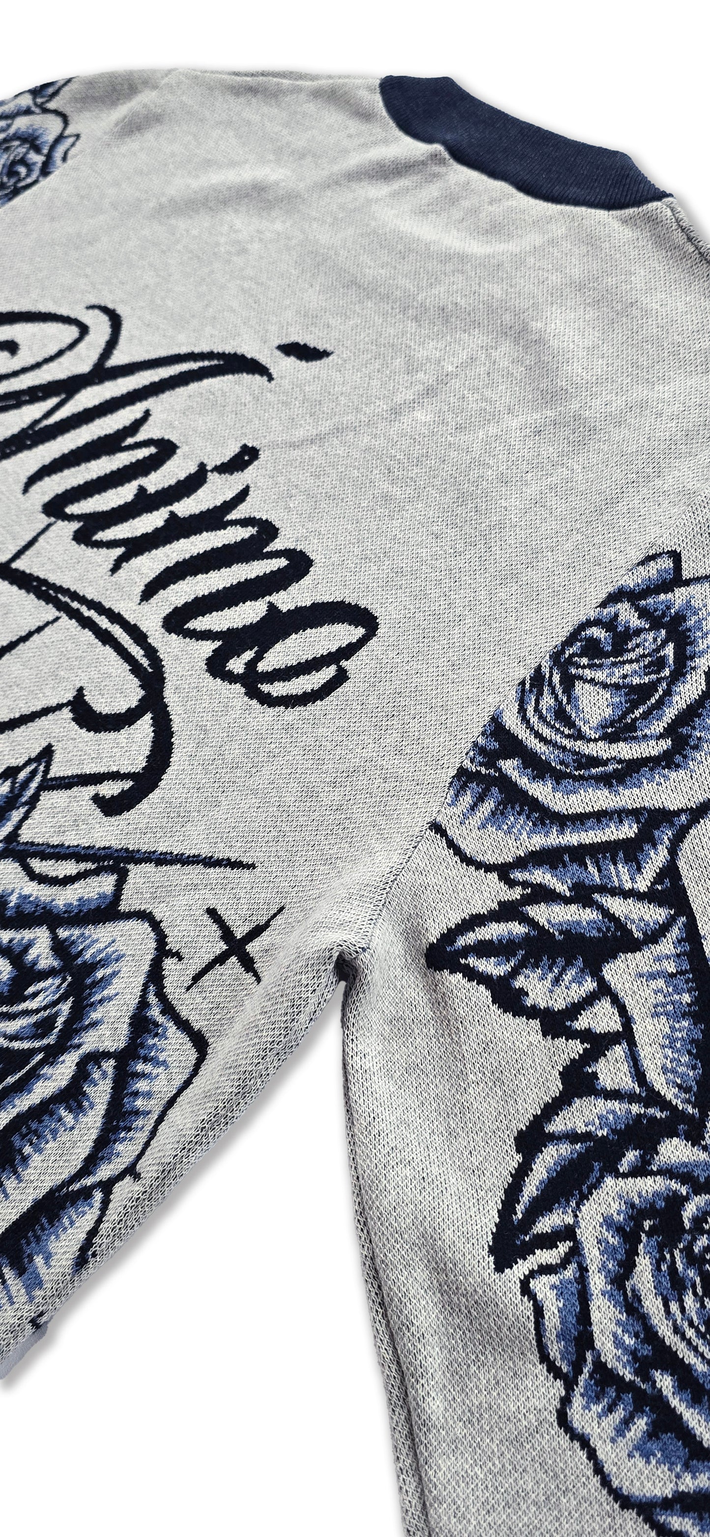 Ánimo con Roses (Blue Black Pen & Ink Style) - Unisex Knit Sweater