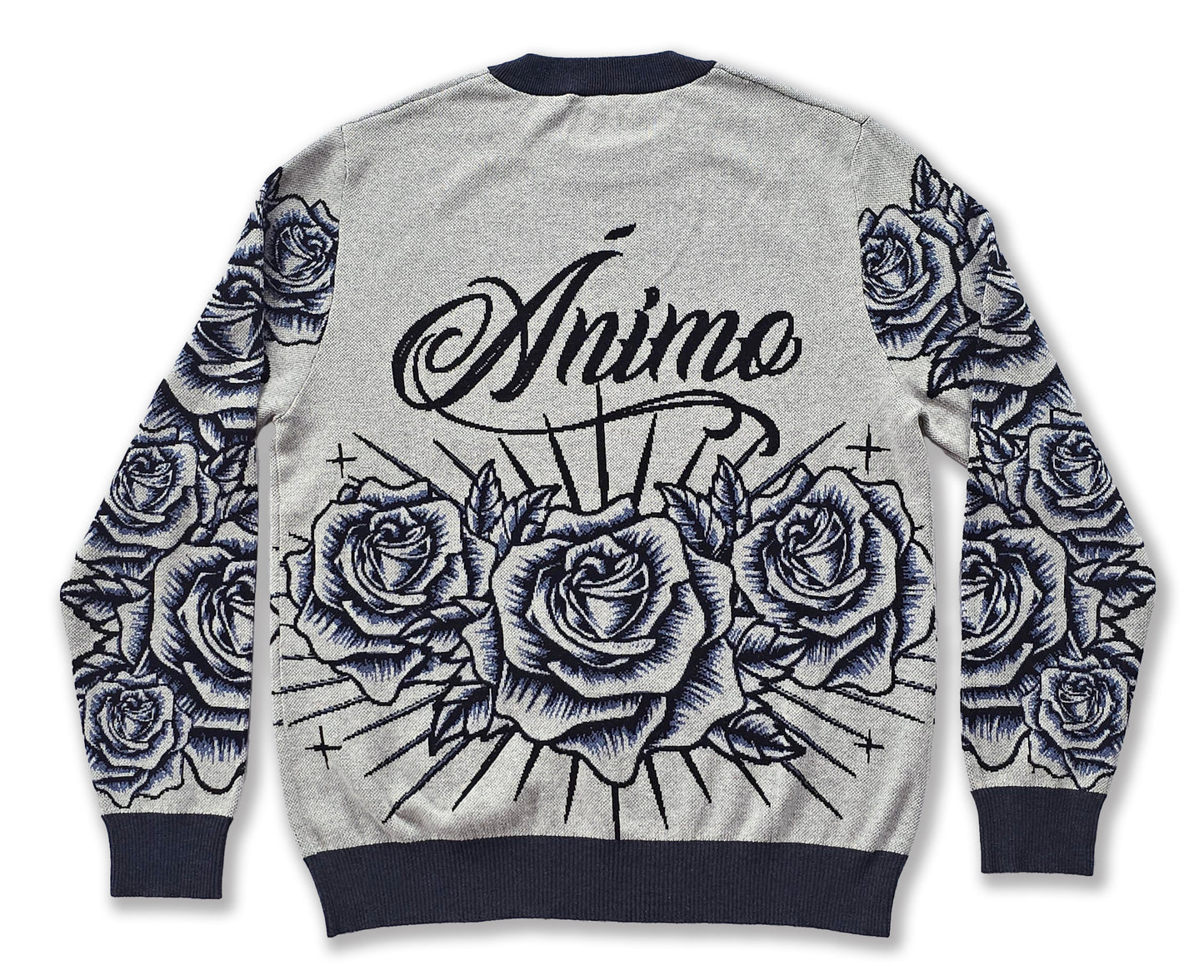 Ánimo con Roses (Blue Black Pen & Ink Style) - Unisex Knit Sweater