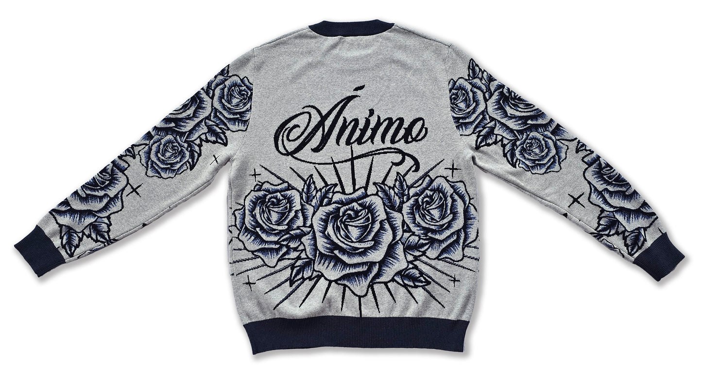 Ánimo con Roses (Blue Black Pen & Ink Style) - Unisex Knit Sweater