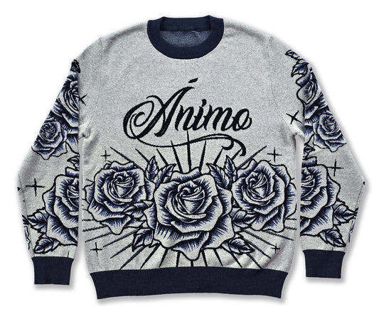 Ánimo con Roses (Blue Black Pen & Ink Style) - Unisex Knit Sweater