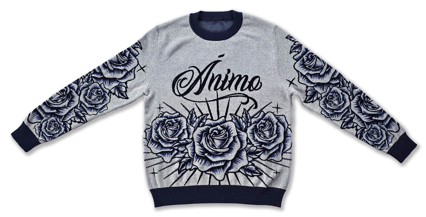 Ánimo con Roses (Blue Black Pen & Ink Style) - Unisex Knit Sweater