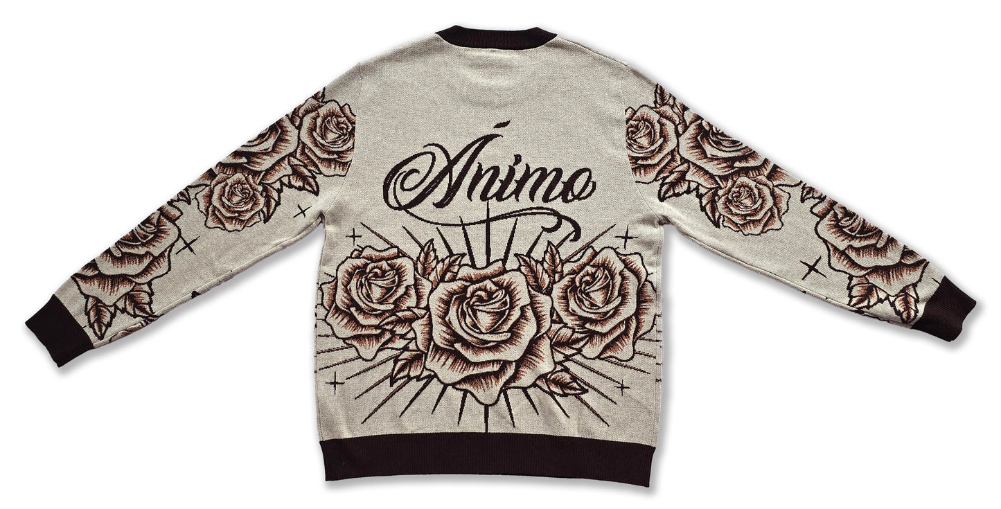 Ánimo con Roses (Brown Tan Pen & Ink Style) - Unisex Knit Sweater