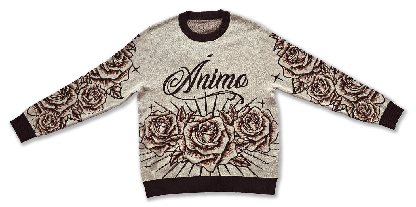 Ánimo con Roses (Brown Tan Pen & Ink Style) - Unisex Knit Sweater