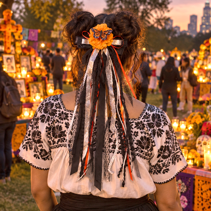 Día de los Muertos Marigold & Monarch – Long Ribbon Hair Bow Barrette