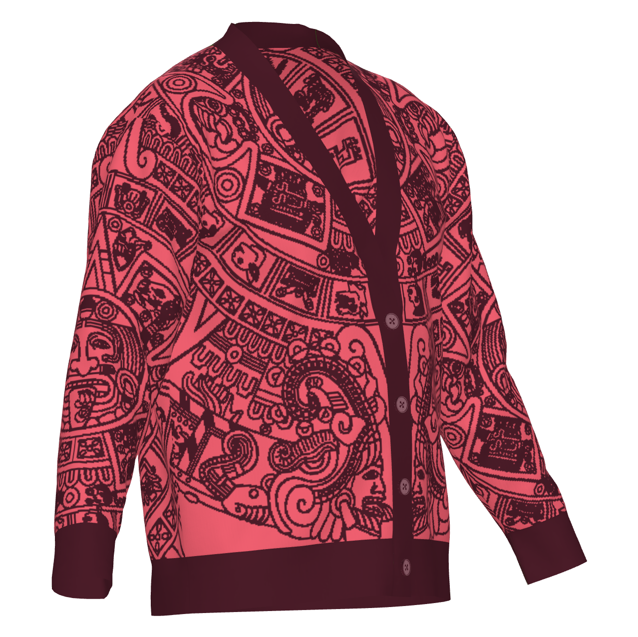 Mexica / Azteca Calendar (Maroon & Pink, Nocheztli) - Unisex Knit Cardigan