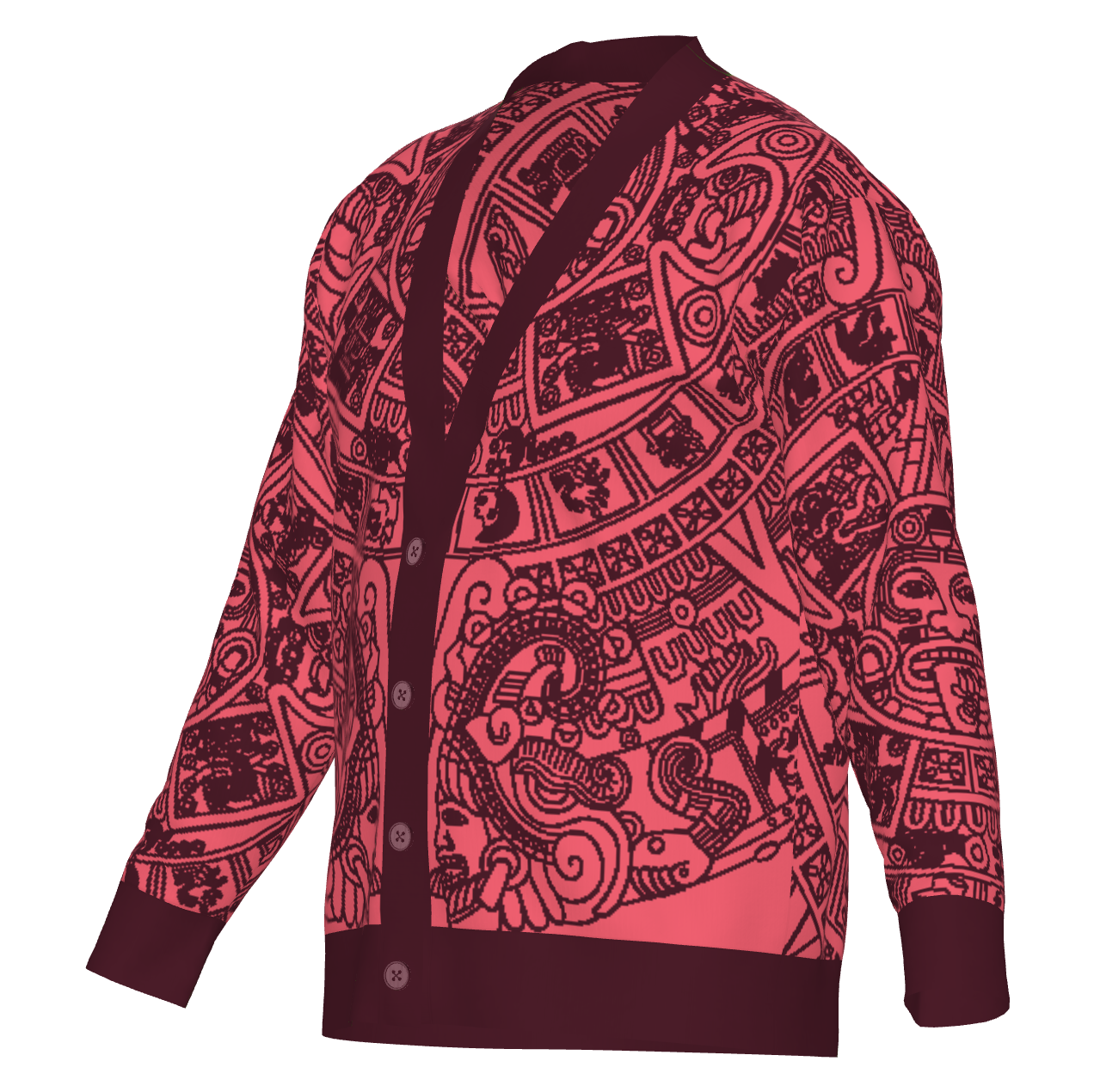 Mexica / Azteca Calendar (Maroon & Pink, Nocheztli) - Unisex Knit Cardigan