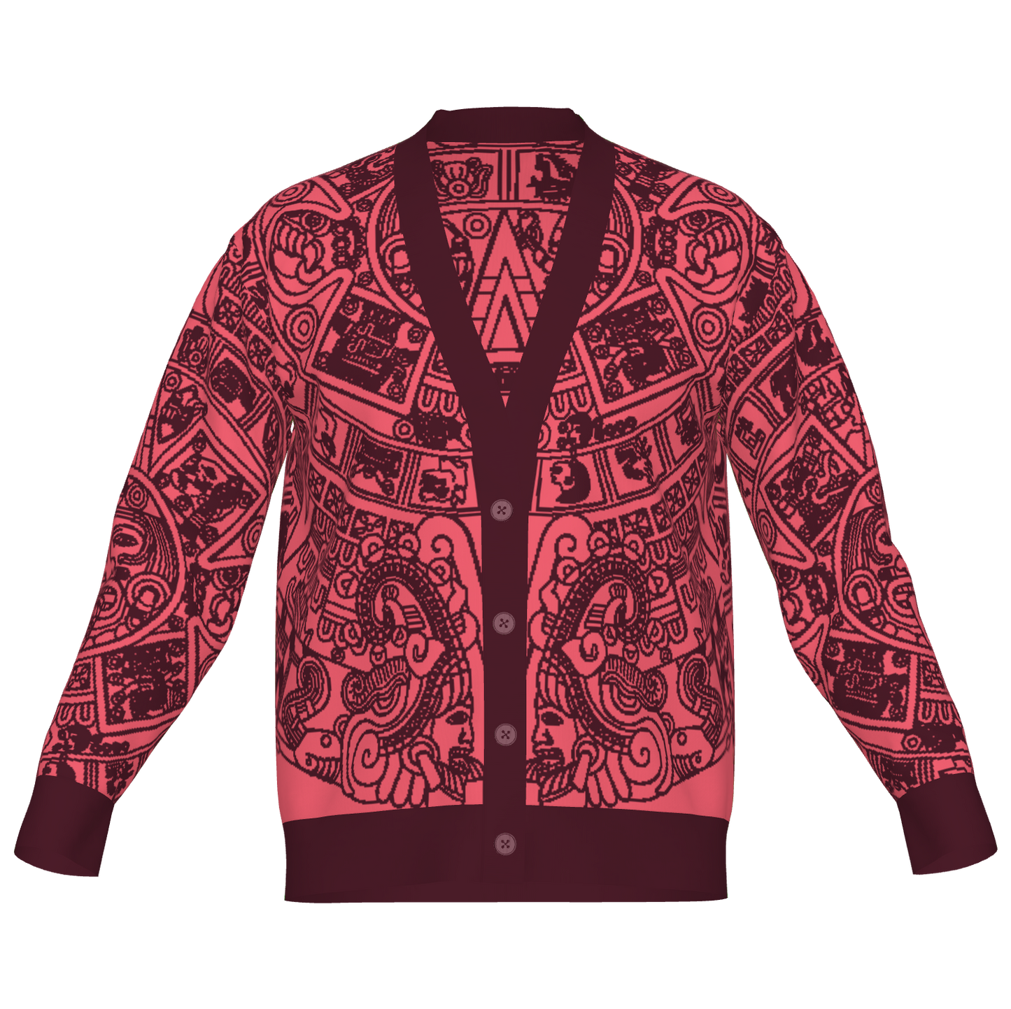 Mexica / Azteca Calendar (Maroon & Pink, Nocheztli) - Unisex Knit Cardigan