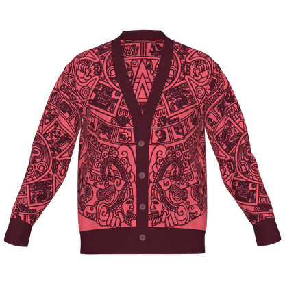 Mexica / Azteca Calendar (Maroon & Pink, Nocheztli) - Unisex Knit Cardigan