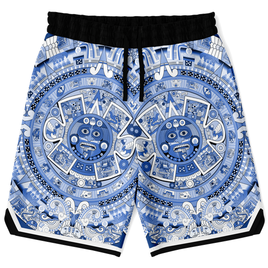 Aztec Calendar (Blue & White) 2025 - Unisex Basketball Shorts