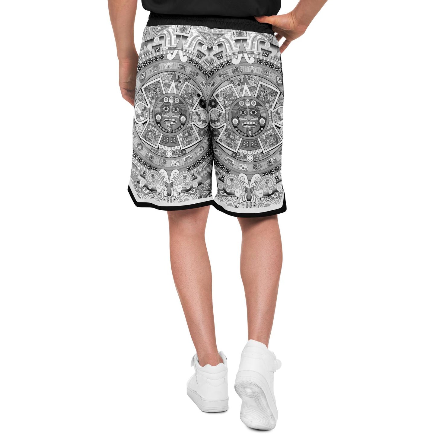 Aztec Calendar (Black & White) 2025 - Unisex Basketball Shorts
