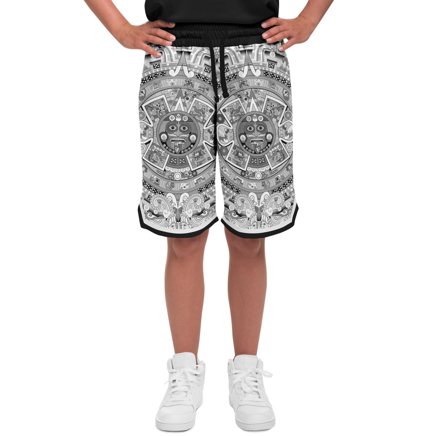 Aztec Calendar (Black & White) 2025 - Unisex Basketball Shorts