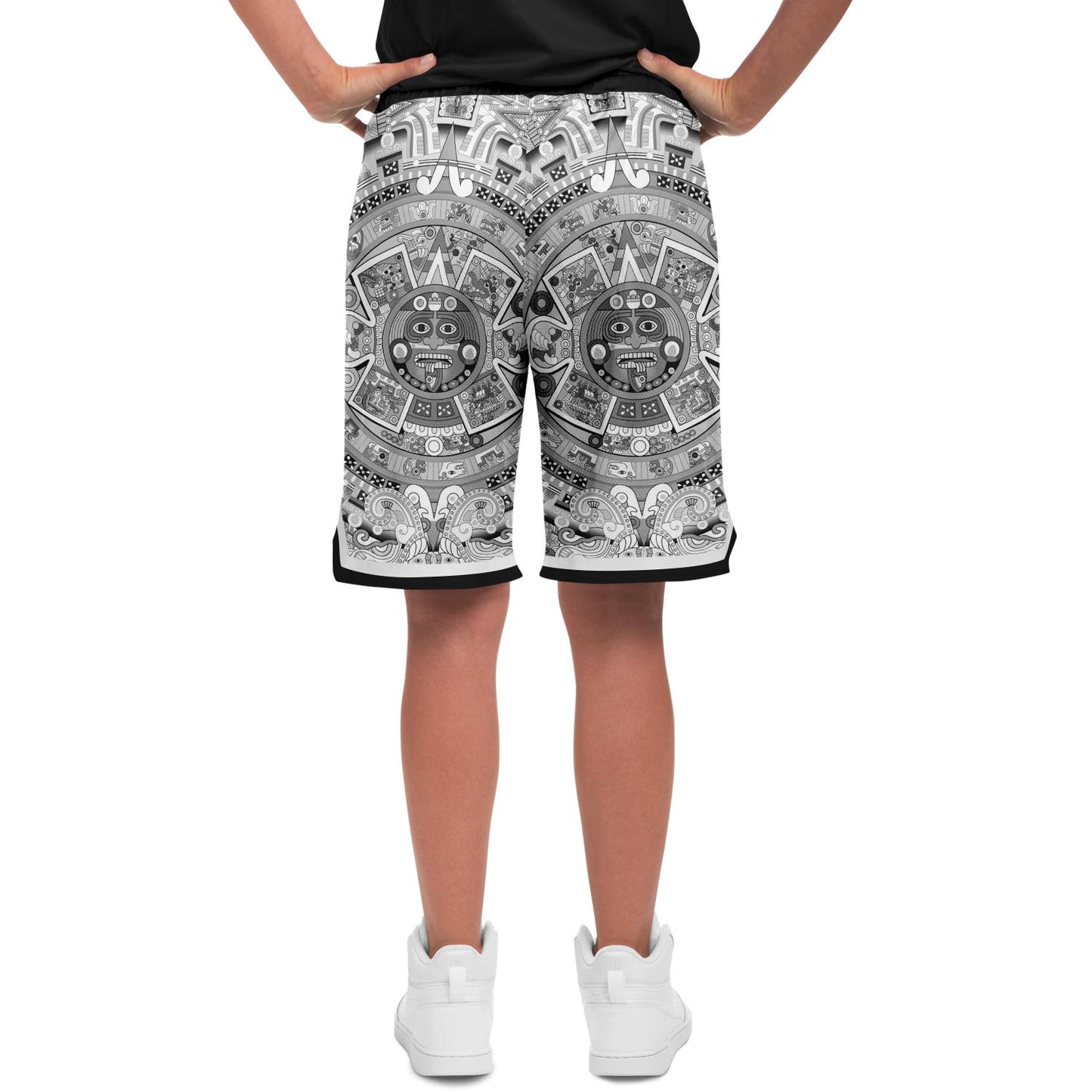 Aztec Calendar (Black & White) 2025 - Unisex Basketball Shorts