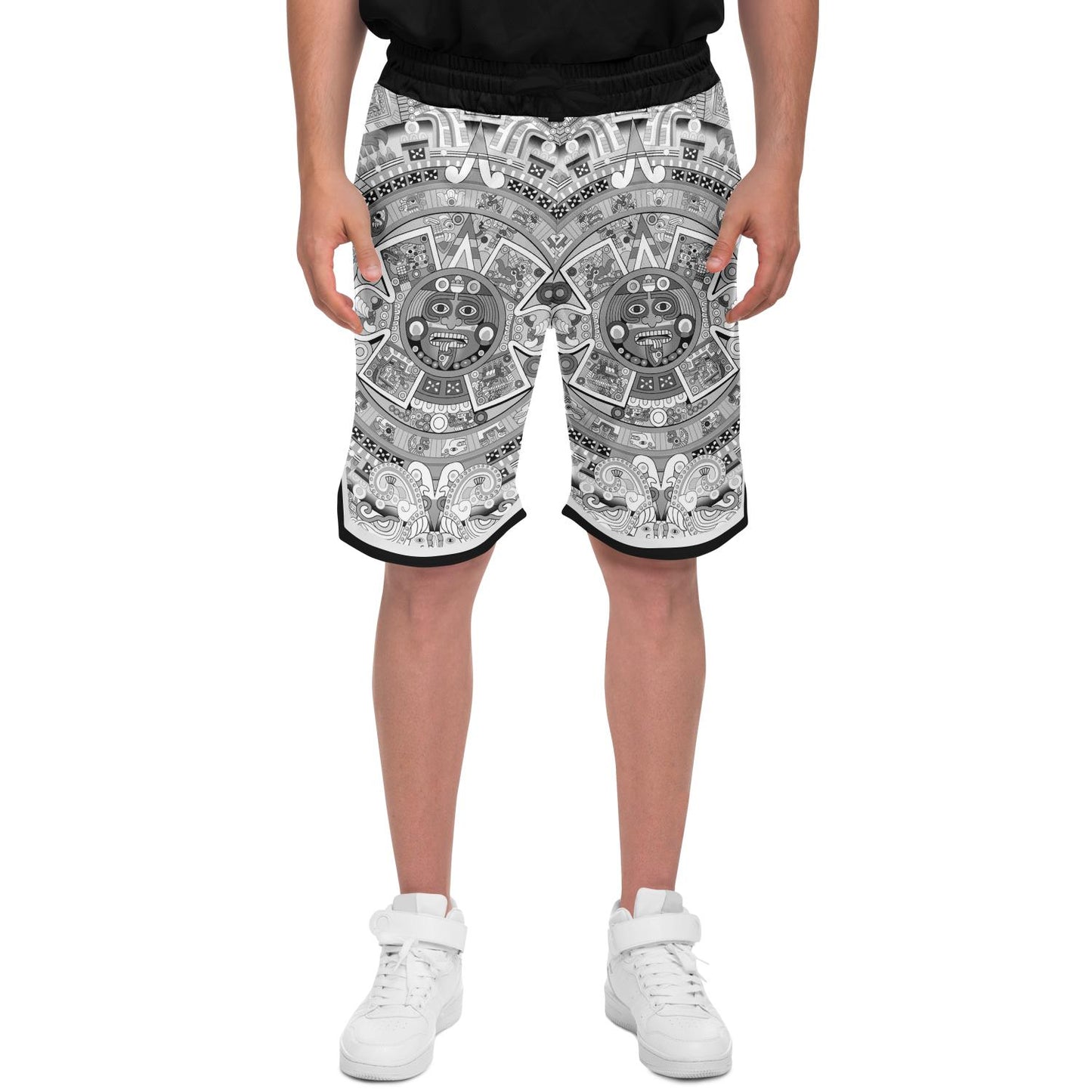 Aztec Calendar (Black & White) 2025 - Unisex Basketball Shorts