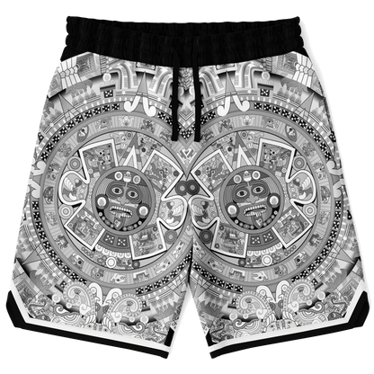 Aztec Calendar (Black & White) 2025 - Unisex Basketball Shorts