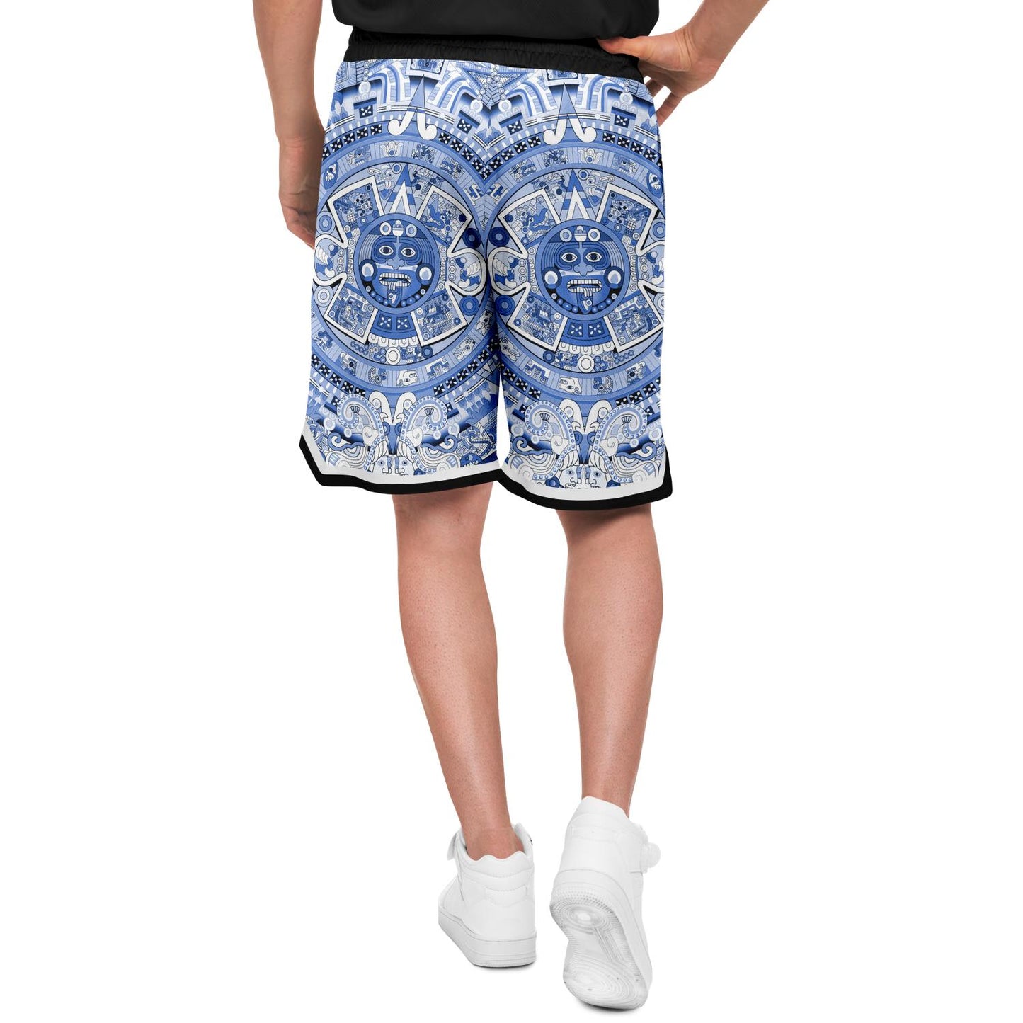 Aztec Calendar (Blue & White) 2025 - Unisex Basketball Shorts