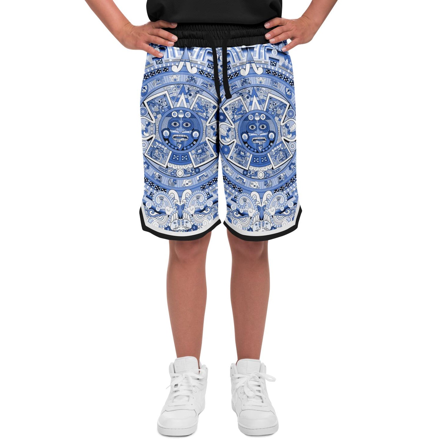 Aztec Calendar (Blue & White) 2025 - Unisex Basketball Shorts