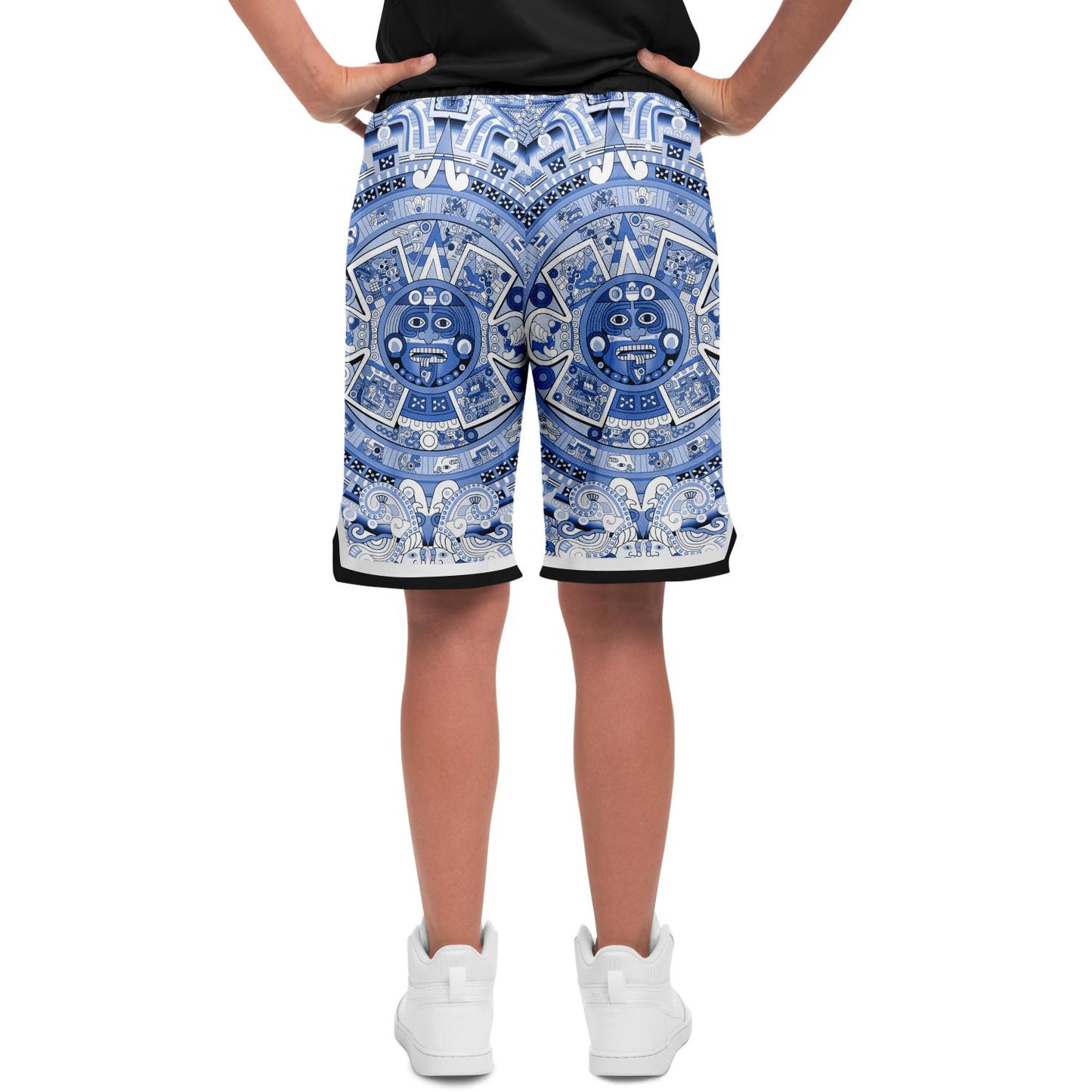 Aztec Calendar (Blue & White) 2025 - Unisex Basketball Shorts