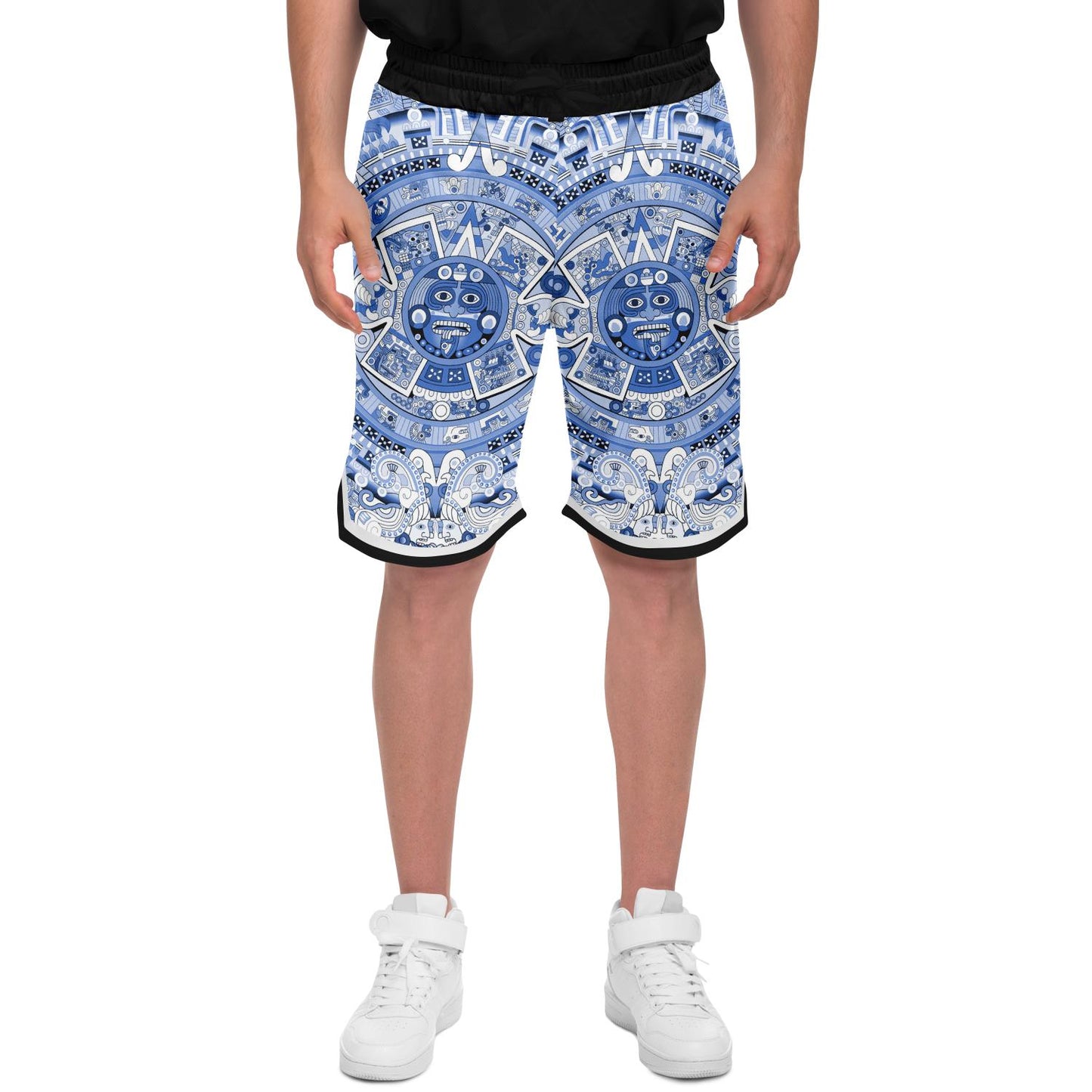 Aztec Calendar (Blue & White) 2025 - Unisex Basketball Shorts